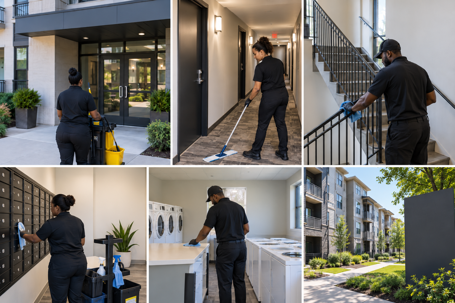 Apartment cleaning across the entrance, hallways, stairs, mail area, laundry room, and exterior walkway