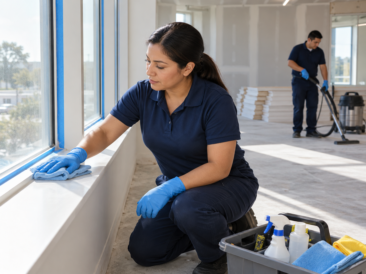 Cleaner wiping renovation dust from a new window sill