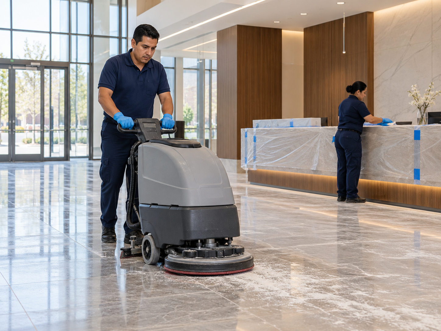 Cleaner scrubbing floors before a renovated lobby opens