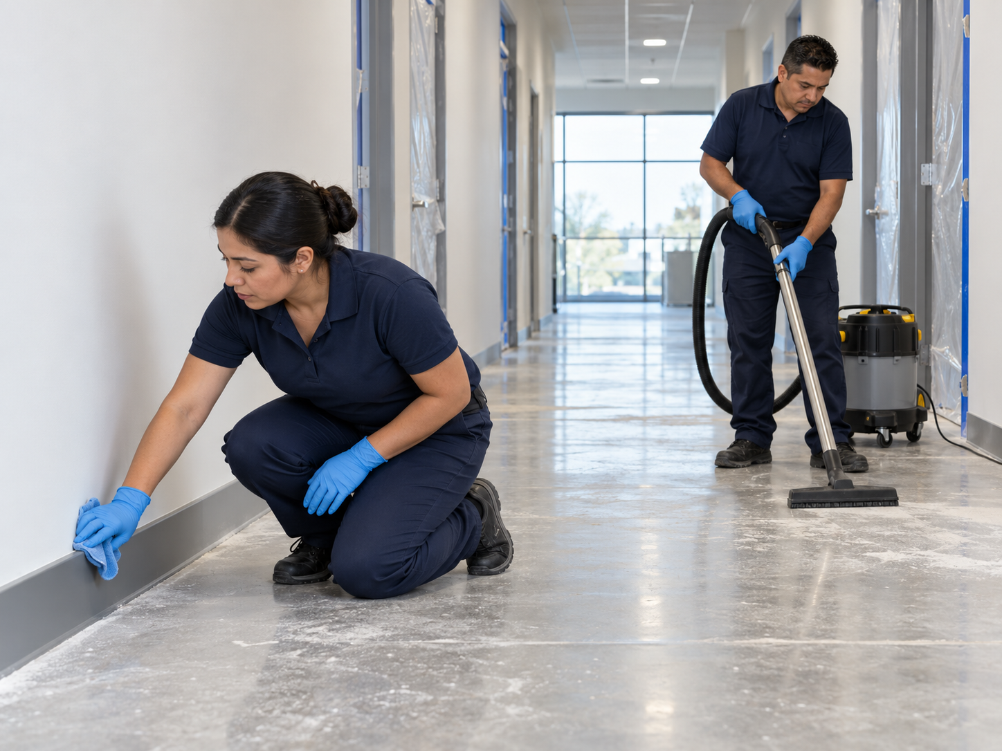 Cleaners detailing baseboards and vacuuming a newly built corridor