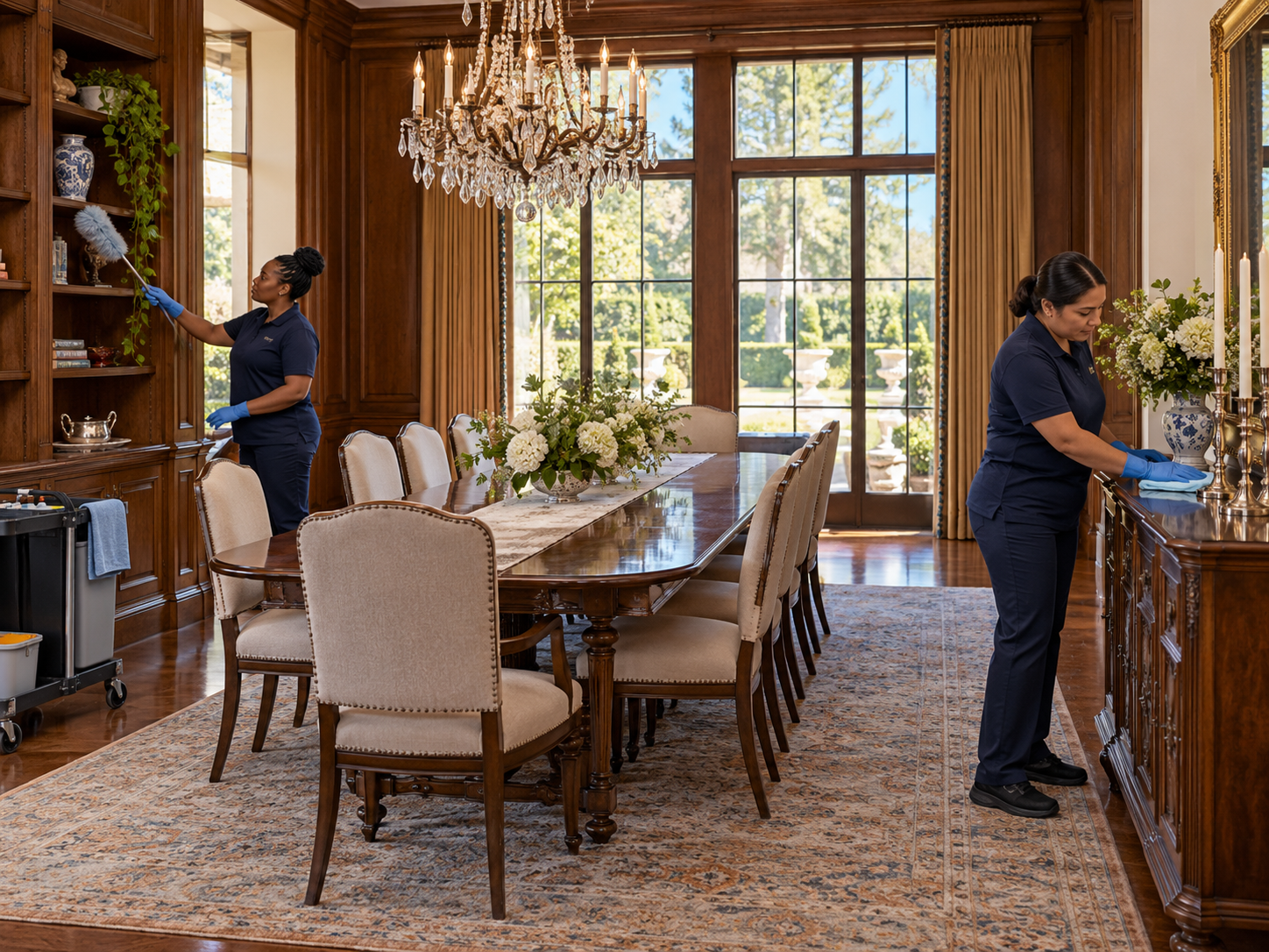 Cleaning professionals caring for wood surfaces in an estate dining room