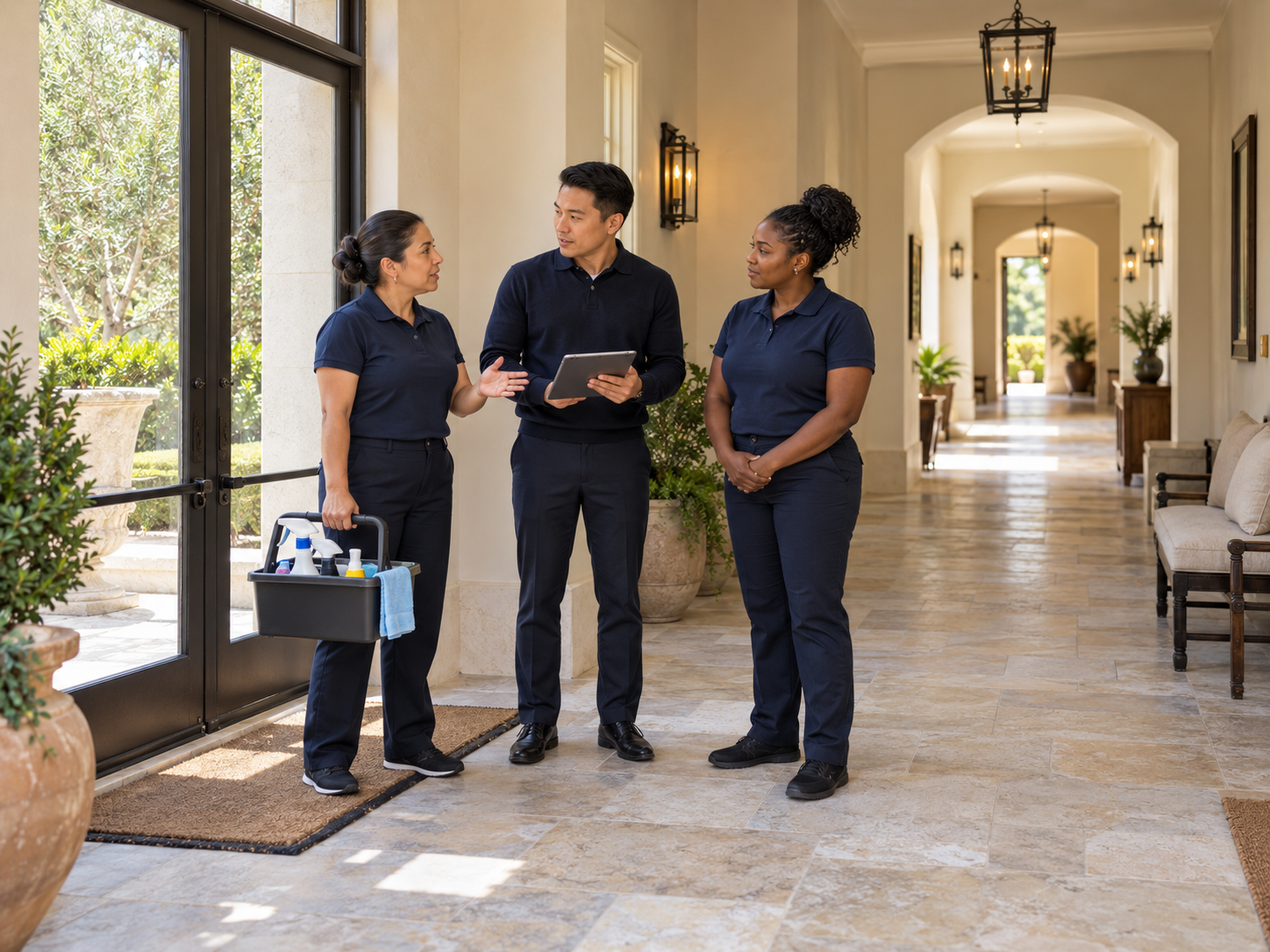 Estate staff and cleaning supervisor coordinating access and work schedules at a side entrance