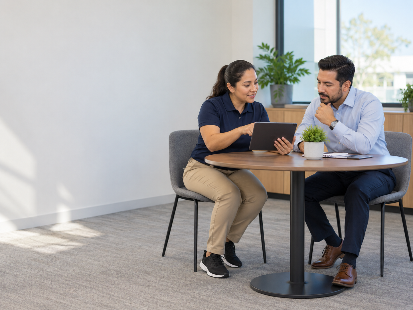 Cleaning supervisor answering questions during an office consultation