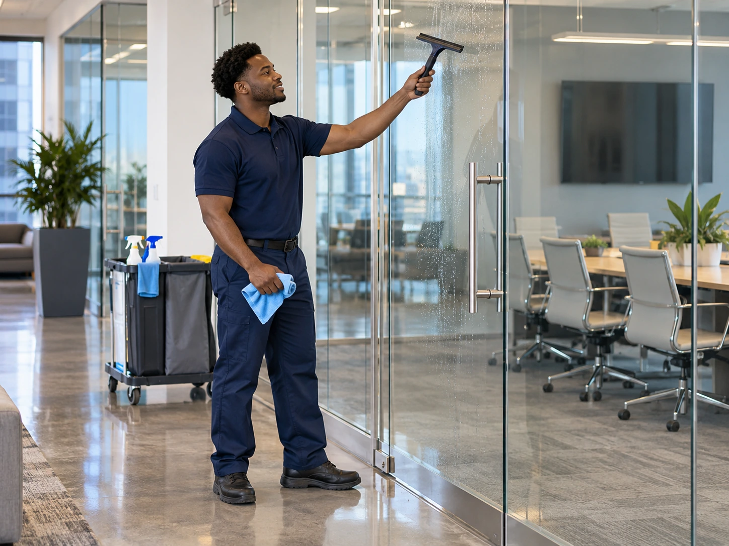 Cleaner washing interior office glass