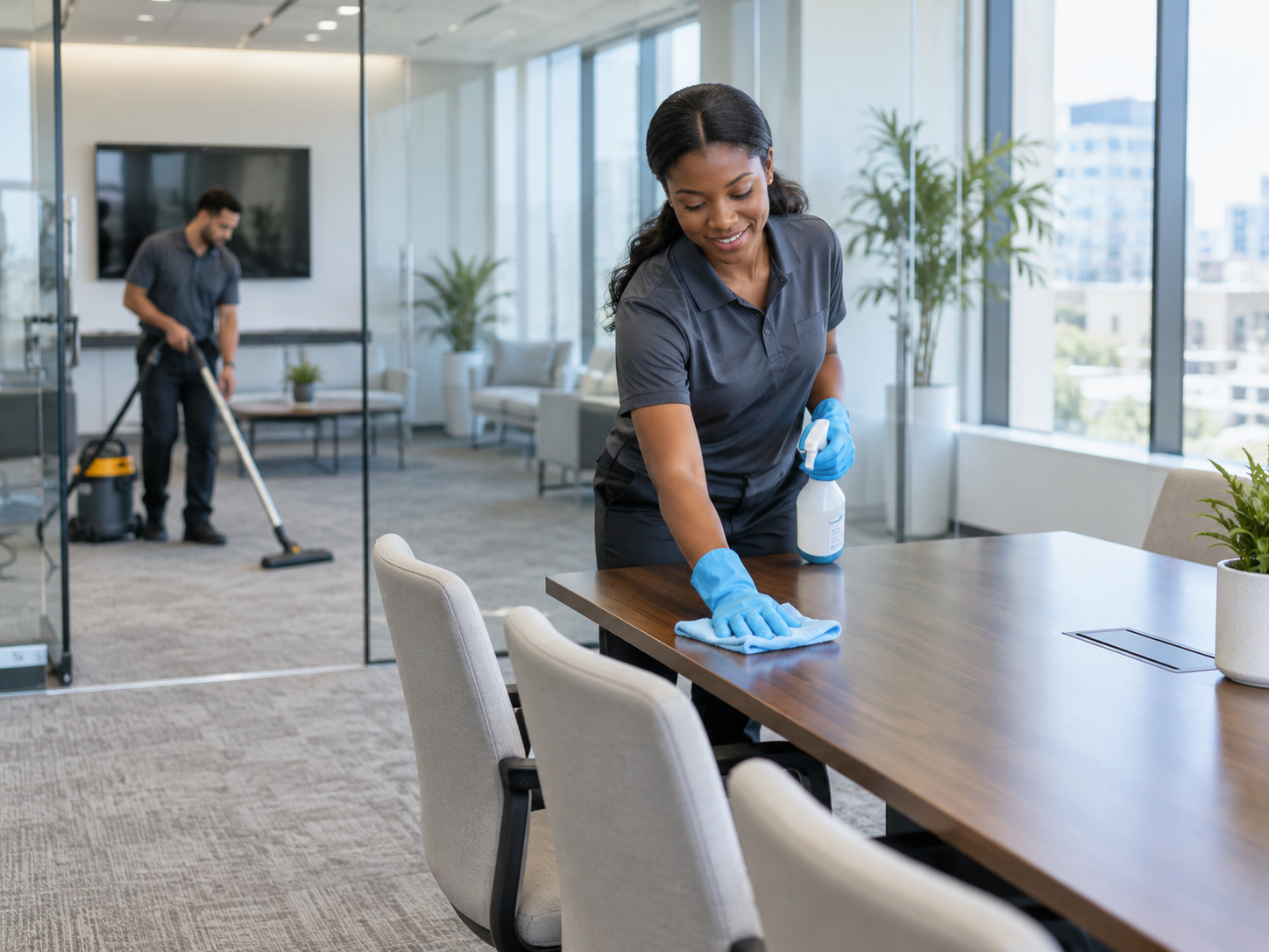 Cleaner discussing a vacant space with a property manager