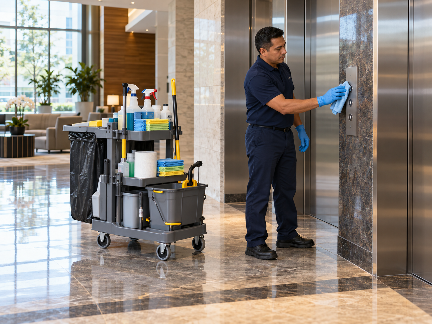 Porter cleaning elevator controls beside a stocked janitorial cart