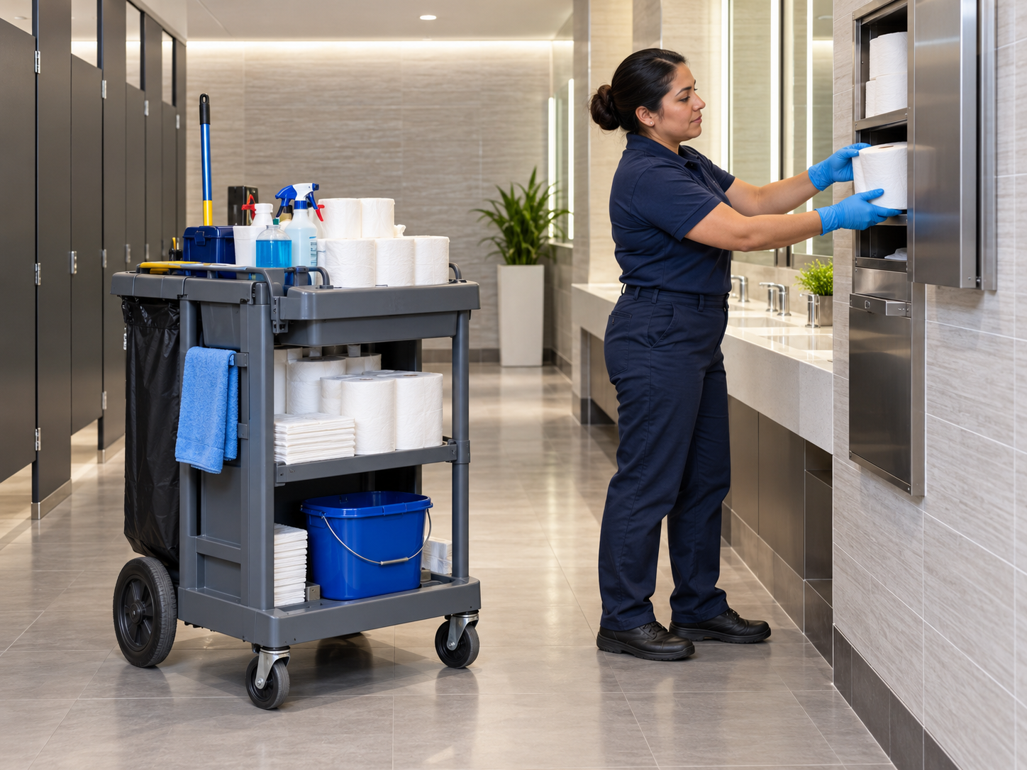 Day porter restocking restroom supplies beside a janitorial cart